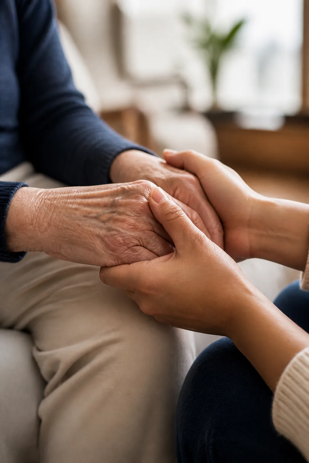 Mãos de familiares expressando presença e cuidado